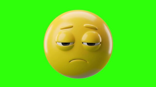 A detailed 3D illustration of a glossy yellow emoji face with heavy, sleepy eyes and a sad frown, isolated on a solid green chroma key background. Perfect for video editing overlays, social media reac