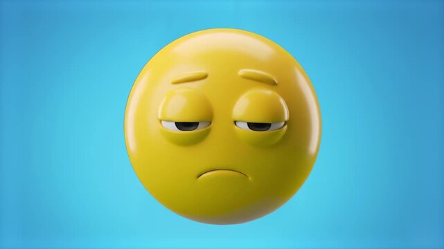 A clean 3D render of a yellow emoji character with heavy, half-closed eyes, drooping eyebrows, and a slight downturned frown expressing fatigue or boredom, set against a solid blue background. Great f