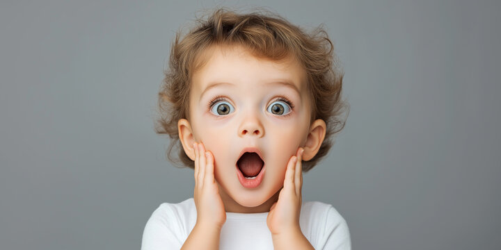 Baby toddler with shocked expression, hands on cheeks, gray background