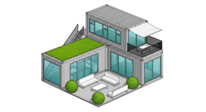 Modern shipping container house with terrace and green roof