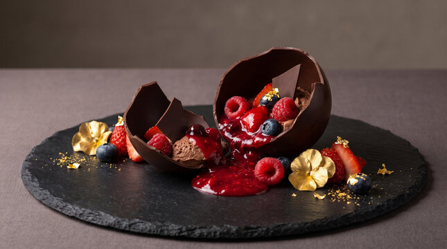 A stunning deconstructed chocolate sphere dessert with vibrant berry coulis is served on a dark slate plate. This elegant sweet creation looks absolutely wonderful today.