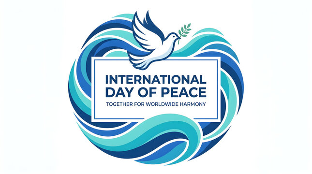 International day of peace celebration graphic with white dove and blue waves design, international
