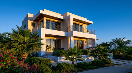 Fototapeta premium A luxury modern two-story villa glows under the golden light of dusk surrounded by tropical palm trees. Perfect for real estate and vacation rental marketing.