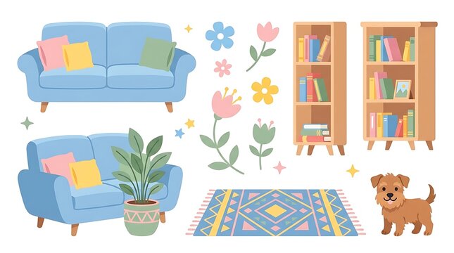 Cozy living room furniture set featuring blue sofas and bookshelves