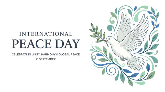 International peace day banner template featuring white dove of peace and blue botanical frame