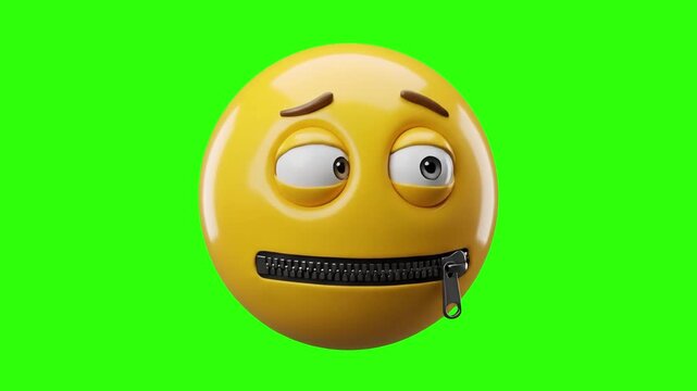 A 3D render of a zipper-mouth emoji character keeping silent on a bright chroma key green background. Great for easy video keying, privacy concepts, quiet reactions, and motion graphic design projects