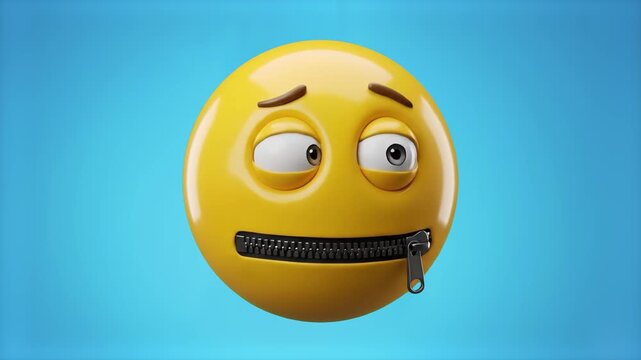 A detailed 3D yellow emoji face with a zipped mouth looking to the side against a soft blue sky backdrop. Perfect for secret themes, confidentiality, silent reactions, and social media graphic overlay