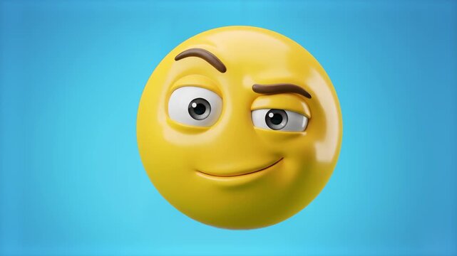 A glossy yellow 3D emoji character with a raised eyebrow and cheeky smirk set against a soft blue sky background. Ideal for playful social media reactions, sarcastic video overlays, and digital conten