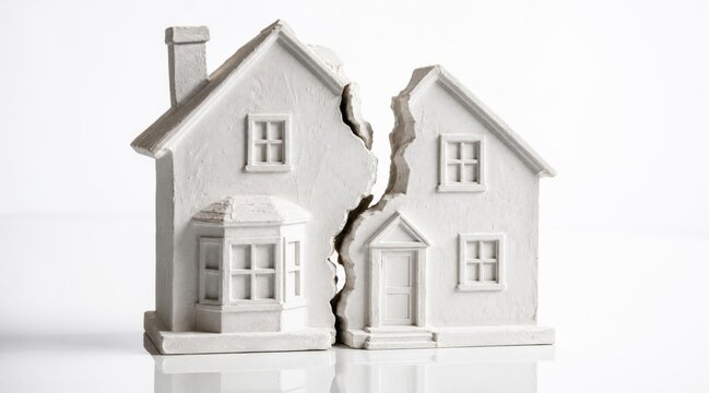A model house split in half on a white background representing divorce or separation.