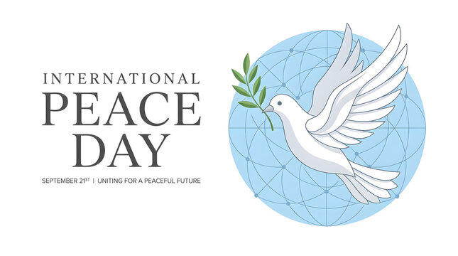 International peace day greeting card design featuring a white dove holding an olive branch against