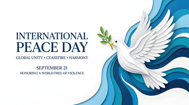International peace day concept vector banner with paper cut dove and flowing blue abstract waves