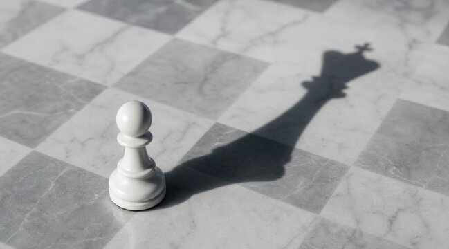 A single white chess pawn casting a king shadow on a marble board.