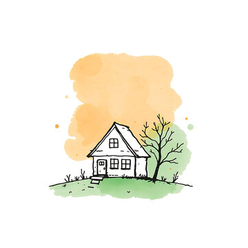 Cute watercolor illustration of small village house with tree