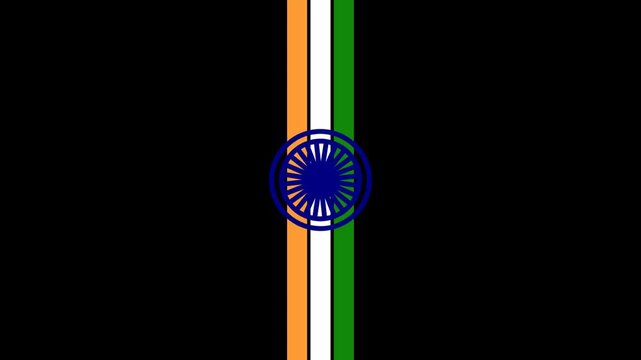 Indian flag vertical stripes design with blue ashoka chakra wheel on a black background 4K Motion Video
