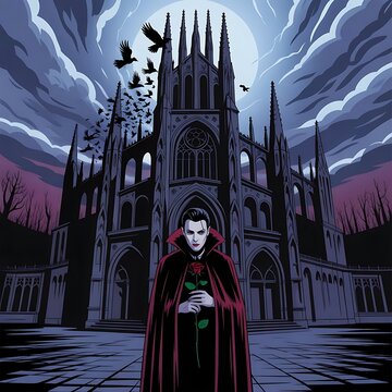 A gothic vampire man wearing a dark cape holding a single red rose standing before a spooky dark castle at night