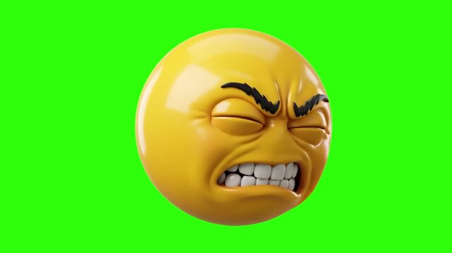 A detailed 3D yellow emoji displaying a grimacing, frustrated expression with clenched teeth and furled brows on a green chroma key background. Perfect for stress concept clips, video game overlays, a
