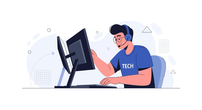 Tech Support Technician Working on Computer, Flat Design Illustration