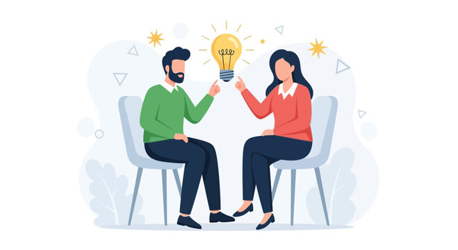 Two people brainstorming, sharing ideas, and having an epiphany with a glowing light bulb overhead.