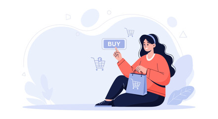 Obraz premium Woman Clicking Buy Button with Shopping Bag, Online Shopping Concept Illustration
