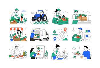 Fototapeta premium Farm To Table Journey. Farming, harvesting, market packing, local delivery, restaurant preparation, menu creation, and fresh dining. 12 minimalist editorial vector scenes: farmer harvests vegetables,