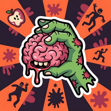 Cartoon style illustration featuring a scary green zombie hand holding a creepy pink human brain with teeth against an orangesunburst background