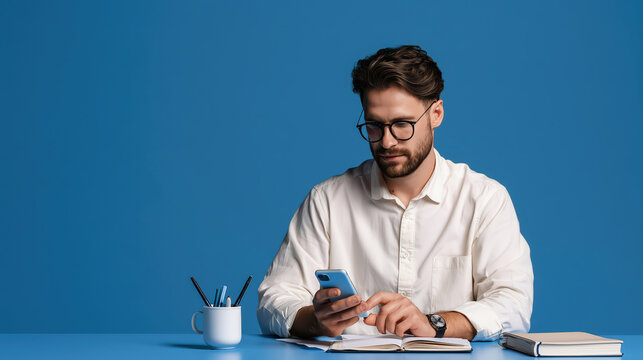 Professional man using smartphone for online learning or work with notebook and coffee mug