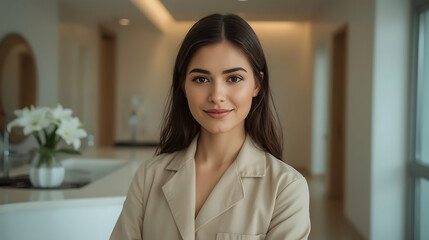 Obraz premium Confident female aesthetic doctor posing in modern medical spa