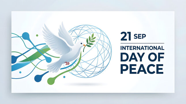 International day of peace horizontal banner design featuring a white dove olive branch globe abstract