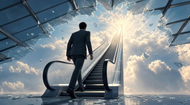 Businessman walking up an escalator towards a bright heavenly sky.