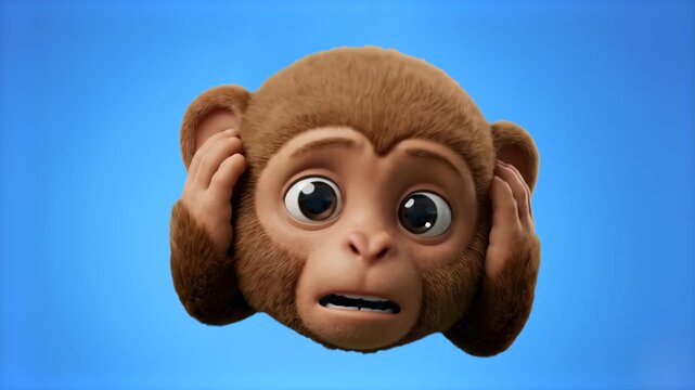 A high-quality 3D illustration of a furry monkey mascot holding its hands to its head and covering its ears in panic or stress, isolated on a solid blue background. Ideal for social media reaction vis