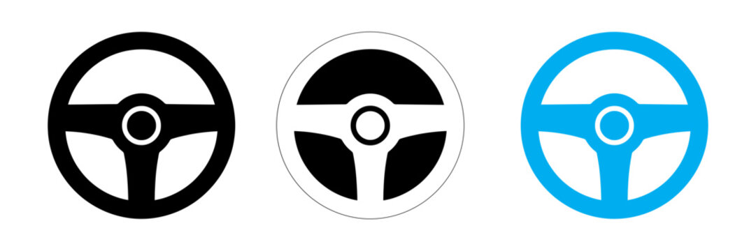 Steering wheel icon set in black white and blue isolated on a white background