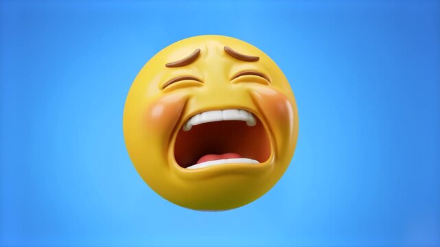A 3D yellow emoji character crying intensely with blushing cheeks and wide open mouth against a soft blue sky background. Ideal for vibrant social media clips, dramatic reaction overlays, and creative