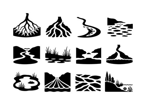 River Delta Landforms, solid glyph icon set, create exactly 12 simplified black geographic diagram icons arranged in a 4x3 grid: branching river delta, distributary channels, sediment bar, tidal flat,