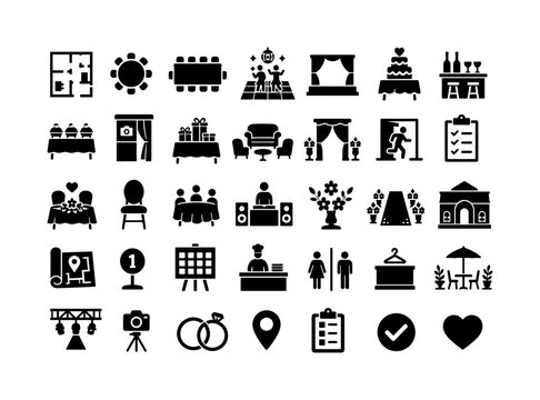 Wedding Reception Layout. Solid glyph icon set of wedding reception layout: floor plan, round tables, long tables, dance floor, stage, cake table, bar, buffet, photo booth, gift table, lounge area,