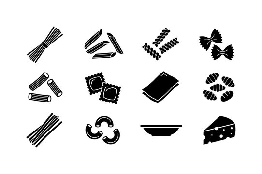 Italian Pasta Types, solid glyph icon set featuring spaghetti, penne, fusilli, farfalle, rigatoni, ravioli, lasagna sheet, gnocchi, linguine, macaroni, pasta bowl and cheese wedge, covering Italian