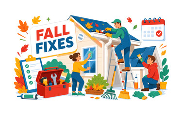 Naklejka premium Autumn Home Maintenance Checklist banner featuring two homeowners repairing an oversized house while a technician works on a large gutter and ladder; toolbox, rake, window, roof panel, sealant,