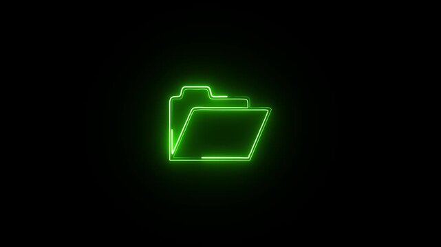 Green colour glowing neon file folder sign. neon files and folders icon. neon Folder icon isolated on black background.4k animation video