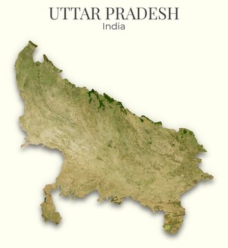 Uttar Pradesh, India Shaded Relief Map. Hillshaded physical terrain map illustration showing elevation, topography, and landforms.