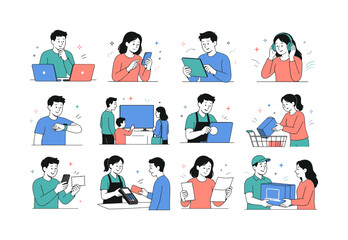 Fototapeta premium Electronics Clearance Event. Discount technology shopping, device comparison, checkout, coupons, delivery, and warranties. 12 minimalist editorial vector scenes: shopper compares two laptops, customer