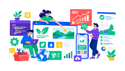 Naklejka premium Eco Website Development — bright colorful flat vector banner, 3 expressive stylized characters building an oversized responsive website with coding window, mobile app, SEO chart, presentation panel,