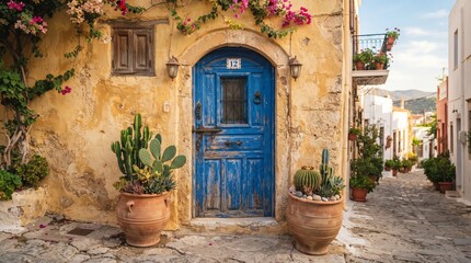 Fototapeta premium Rustic Blue Door with Cactus Pots in Greek Village Street