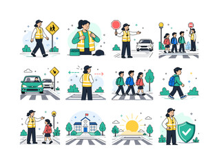Fototapeta premium School Crossing Guard. Crosswalks, stop signs, children, school zones, traffic control, safety vests, morning routines, pedestrian safety, education, and protection. 12 minimalist editorial vector