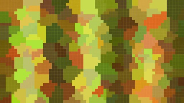 Abstract pixel art pattern featuring vibrant autumn colors like green yellow orange and brown in a geometric mosaic grid texture design for modern digital background wallpaper 4K Motion Video