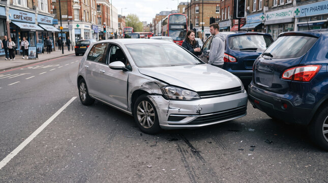 Damaged Car After Traffic Accident on Busy City Street