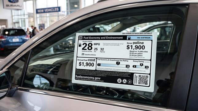 Fuel Economy Sticker on New Car Window at Dealership