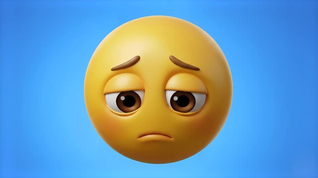 A clean 3D illustration of a yellow emoji character displaying a sad, melancholic expression with downturned lips and sorrowful eyes, isolated against a solid blue backdrop. Ideal for UI design, mood 