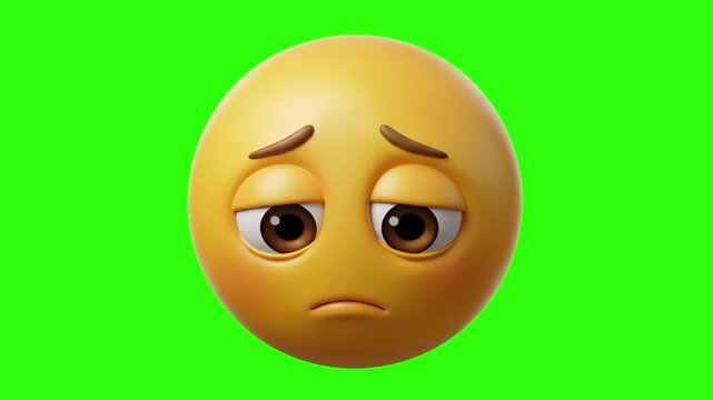 A detailed 3D render of a glossy yellow emoji face with drooping eyebrows, big sorrowful eyes, and a sad downturned mouth, isolated on a solid green chroma key background. Perfect for video overlays, 