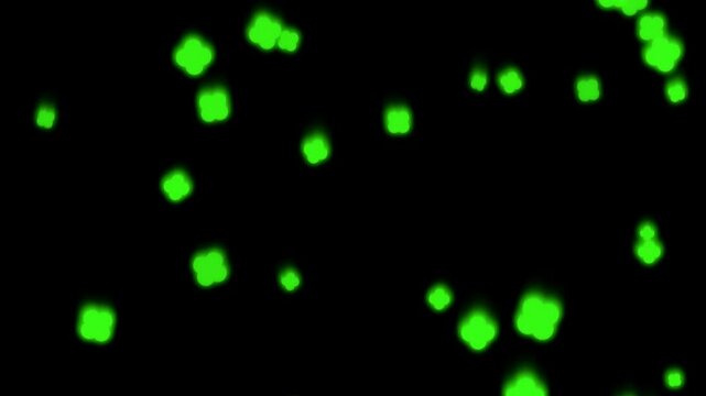 Bright glowing green clover shapes floating on a dark black background 4K Motion Video