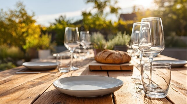 An elegant outdoor dining setup in a serene summer garden. Wooden table displays bread, glassware, and plates in natural daylight for a calm, festive meal.