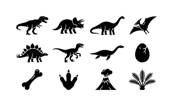 Prehistoric Dinosaur Species, solid glyph icon set featuring tyrannosaurus silhouette, triceratops silhouette, diplodocus silhouette, pterodactyl silhouette, stegosaurus silhouette, velociraptor